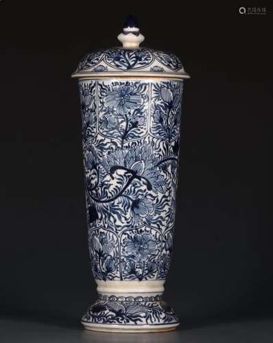 Rare Elongated Chinese Blue and White Covered Vase