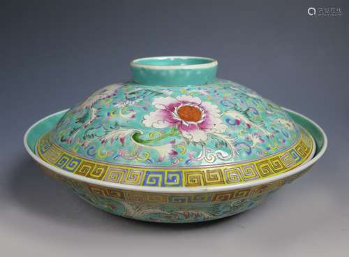 Chinese Famille Turquoise Ground  Cover Bowl With Mark