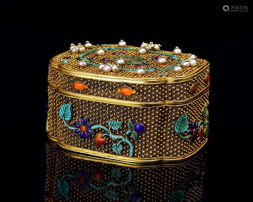 Gold Box With Turquoise Pearl and gem Stones