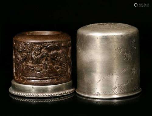 Carved Agar Wood Archers Ring and Silver Box With Mark