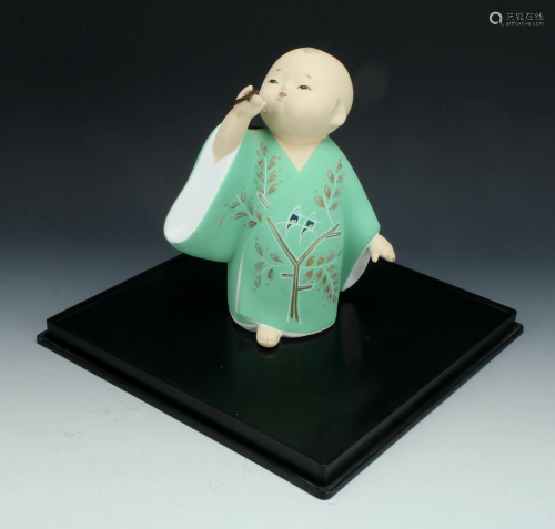 TRADITIONAL HAKATA CLAY DOLL ON STAND C. 1970