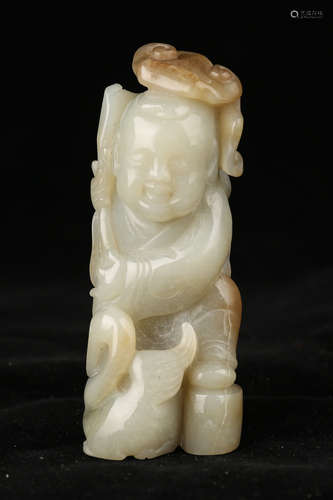 Carved White Jade Boy With Swan