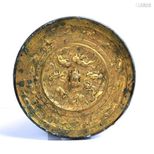 Chinese Gold and Bronze Tiger and Beast Mirror