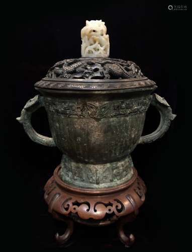 Bronze And Jade  Covered Serving Vessel
