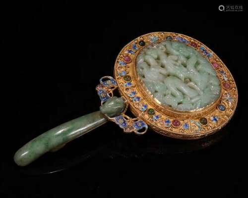 Gilt Silver & Jade Mirror With Jadeite Belt Hook Handle
