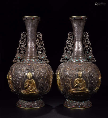 Pair Of Gilt Silver Turquoise Buddha Guanyin Vases