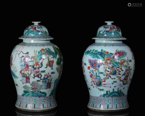 Pair of Famille Verte Covered Porcelain Jars
