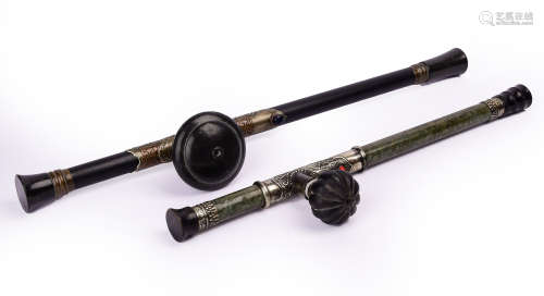 Pair of  Stone and Carved Wood with Silver Opium Pipes