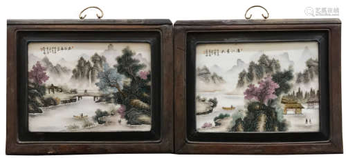 A Pair Famille  Rose Porcelain Panel With Wood Frame
