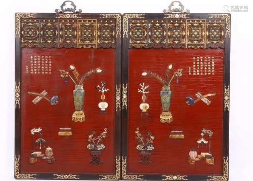 Pair Of Inlaid  Hard Stone Lacquered Wood  Panels