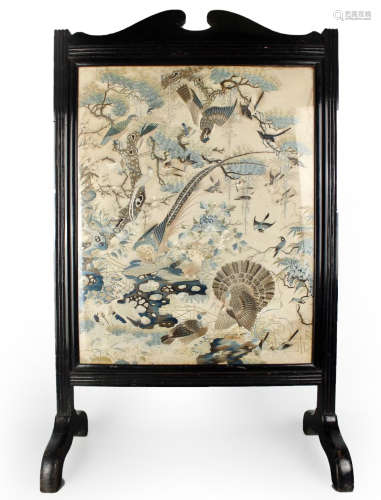 Large 19th C. Silk Embroidered Bird Panel Table Screen