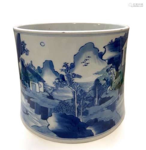 Large Kangxi Blue And White Porcelain Brush Pot