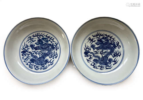 Pair Of Blue And White Porcelain Dragon Bowls With Mark