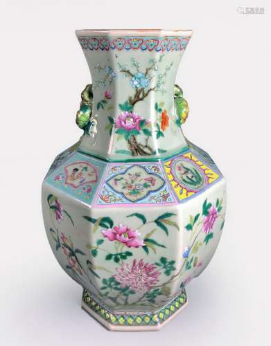 Famille Rose Octagonal From Porcelain Vase,Ding Dyn.