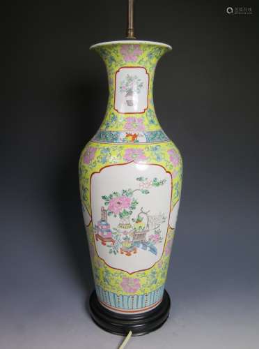 Yellow Ground Famille Rose Porcelain Vase Lamp