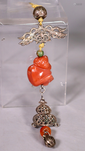 Chinese Qing Silver & Carnelian Pendant