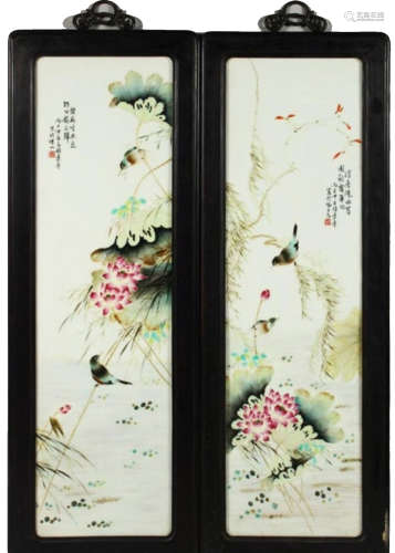 A Pair Of Large Framed 'Birds' Porcelain Panels