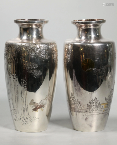 2 Japanese Incised Silver & Mixed Metal Vases