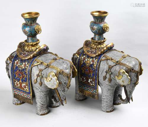 Elephant Cloisonne Enamel Inlaid Stone Candle Holders