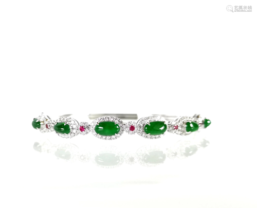 6 Natural Emerald Green Jadeite & Diamond Bra…