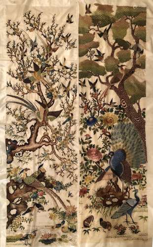 Pair Of Cantonese Embroidered Silk Bird Panels