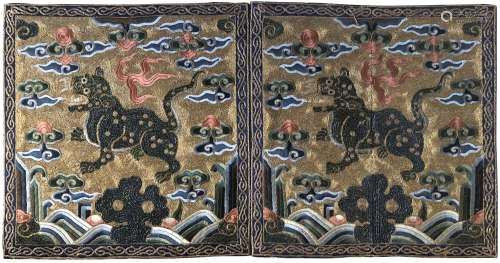 Pair Of Embroidered Silk Lion Panels, Qing Dyn.