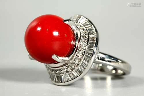 Chinese Aka Dark Coral & Diamond Ring in Platinum