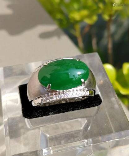 Natural Intense Green Jadeite Jade & Diamond Ring