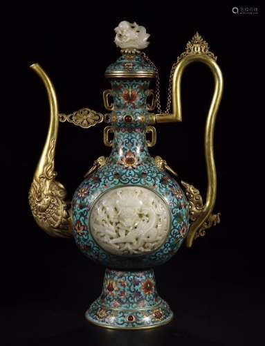 Rare Cloisonne Enamel and Jade Dragon Ewer With Mark