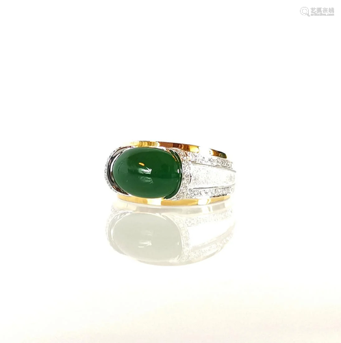 Natural Intense Green Jadeite & Diamond 18K Ring