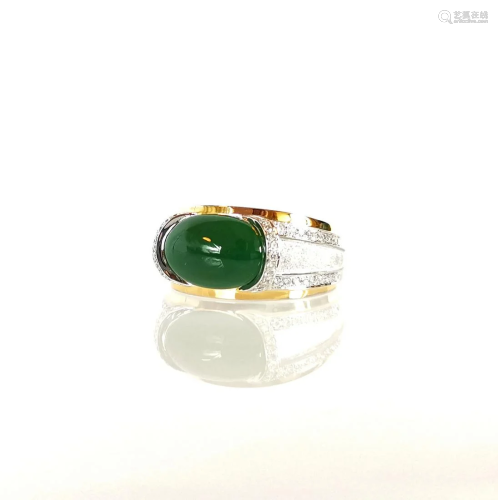 Natural Intense Green Jadeite & Diamond 18K Ring