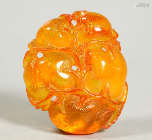 Chinese 18/19 C Carved Amber Peach Fruit Pla…