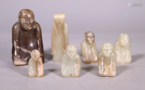 7 Chinese Archaistic Jade Kneeling Figures & Man