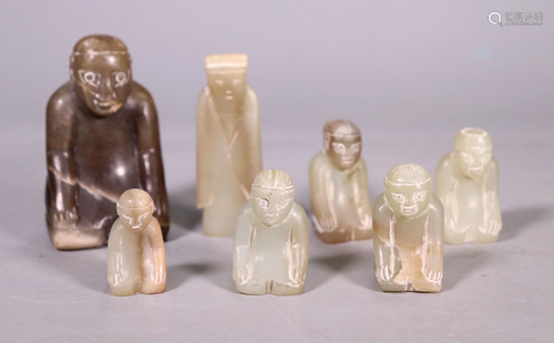 7 Chinese Archaistic Jade Kneeling Figures & Man