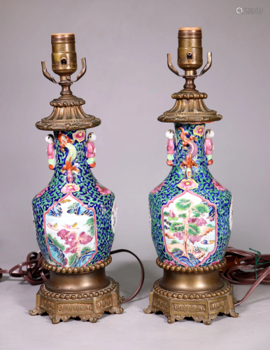 Pr Chinese Famille Rose Porcelain & Bronze Lamps