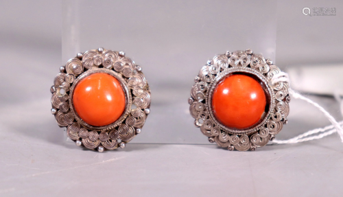 Tibet or Chinese Qing Coral Cabochons Silver Set