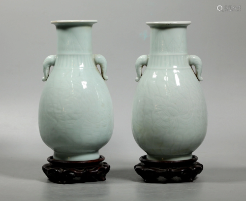 Pr Chinese Celadon Elephant Handle Porcelain Vases