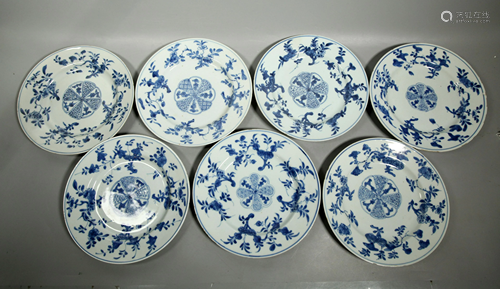 7 Chinese Kangxi Blue & White Porcelain Plates