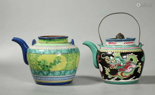 2 Chinese Qing Dynasty Enameled Yixing Teapots