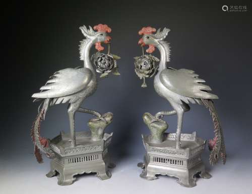 A Pair Of Chinese Export Polychromed Pewter Phoenix