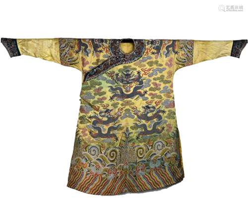 Chinese Yellow Ground Embroidered Silk Dragon Robe