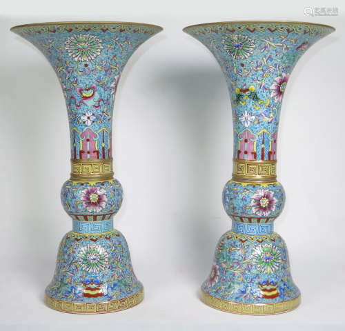 Pair Of Turquoise-Ground 'Flower And Babao' Beaker Vase