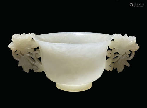 18/19th C. Very Fine White Jade Cup With Floral Handles