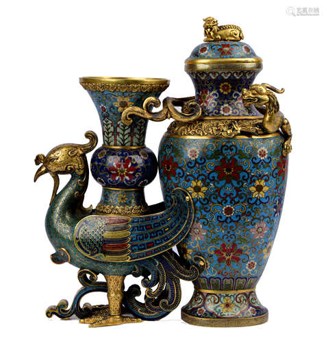 Cloisonne Enamel Conjoined Dragon & Phoenix Vase