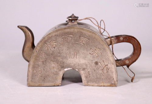 Chinese 19 C Pewter 1/2 Bi Shaped Teapot