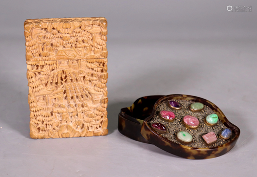 Chinese 19 C Wood Case & Jeweled Turtle Box