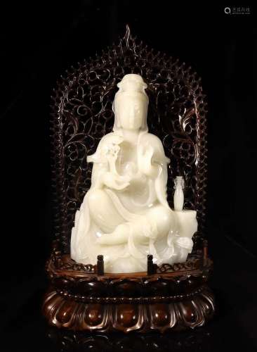 Carved White Jade Figure of Guanyin