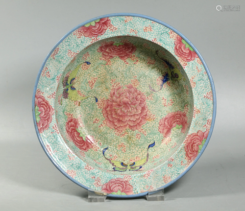 Chinese 19 C Enameled Yixing Peony Butterfly Bowl