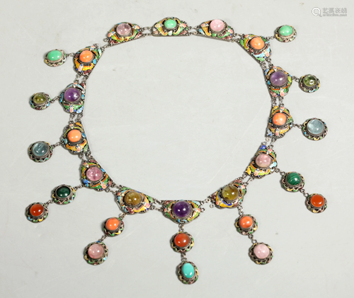 Chinese Silver Enamel & Cabochon Gemstone Necklace