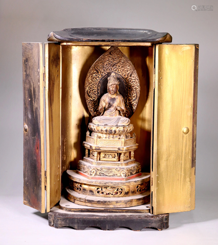 19th Century Japanese Gilt Wood Buddha in Shrine